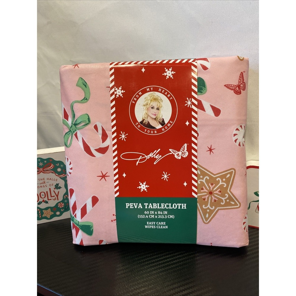 Dolly Parton Pink‎ Christmas Tablecloth Oblong 60" x 84" Holiday Candy Cane